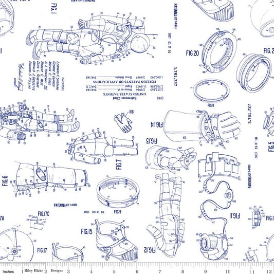 Cotton quilting fabric pattern called 'Spacesuit Patent in White'. Part of the 'Outer Space By NASA' fabric collection. Designed by RBD Designs for fabric company Riley Blake. SKU: C15485-WHITE. 44-45 inch width.