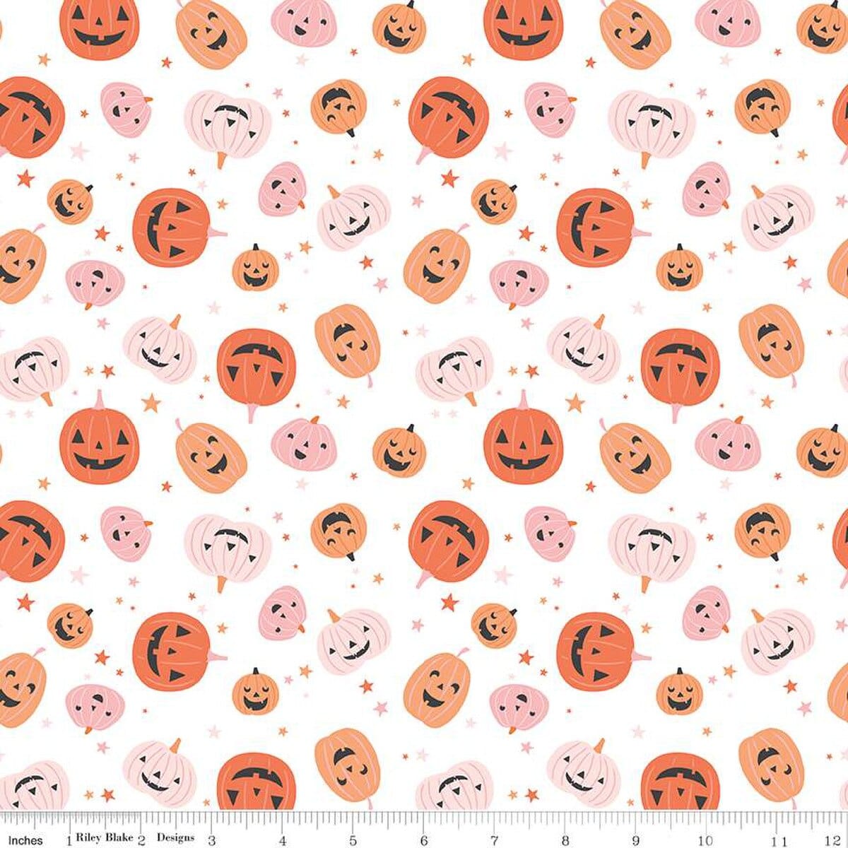 A closeup shot of the quilting fabric pattern called Pumpkins, designed by My Mind's Eye for Riley Blake, in the white colorway. The SKU is C16031-WHITE.