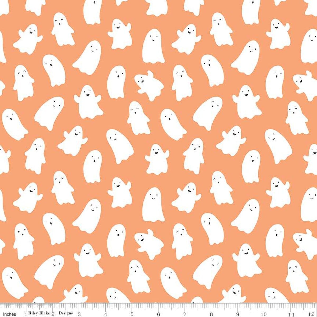 A closeup shot of the quilting fabric pattern called Ghosts, designed by My Mind's Eye for Riley Blake, in the pumpkin colorway. The SKU is C16032-PUMPKIN.