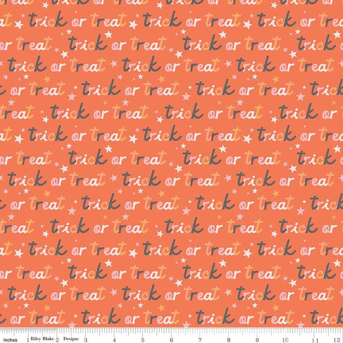 A closeup shot of the quilting fabric pattern called Trick or Treat, designed by My Mind's Eye for Riley Blake, in the orange colorway. The SKU is C16034-ORANGE.