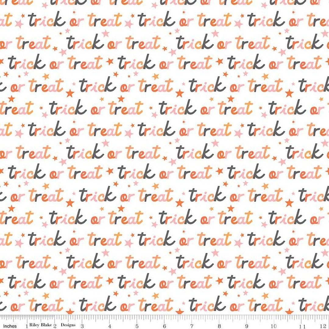 A closeup shot of the quilting fabric pattern called Trick or Treat, designed by My Mind's Eye for Riley Blake, in the white colorway. The SKU is C16034-WHITE.