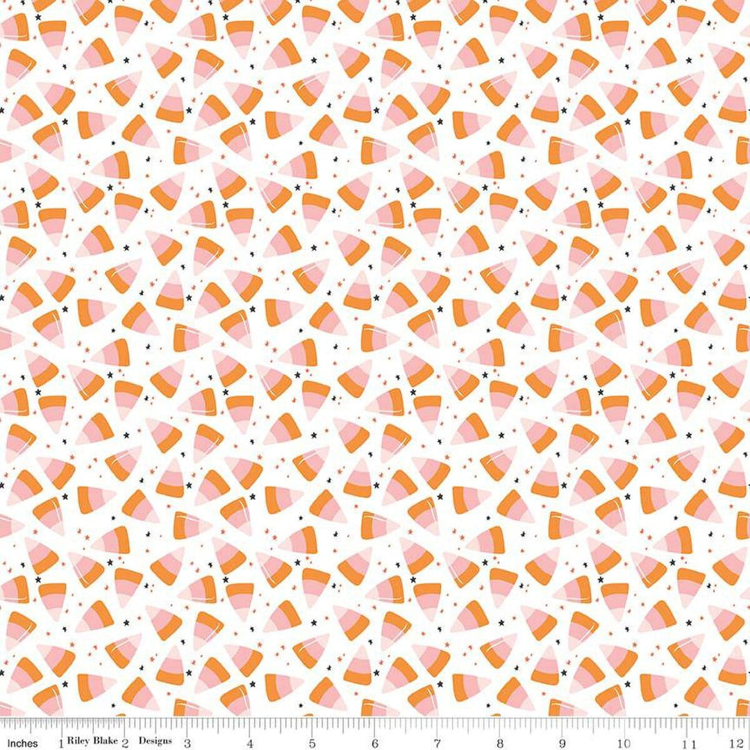 A closeup shot of the quilting fabric pattern called Corn Candy, designed by My Mind's Eye for Riley Blake, in the white colorway. The SKU is C16035-WHITE.