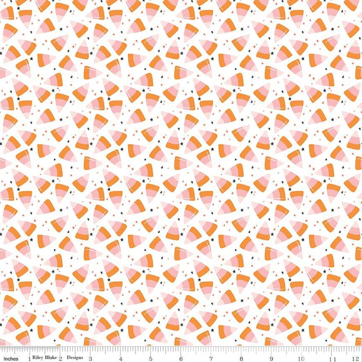 A closeup shot of the quilting fabric pattern called Corn Candy, designed by My Mind's Eye for Riley Blake, in the white colorway. The SKU is C16035-WHITE.