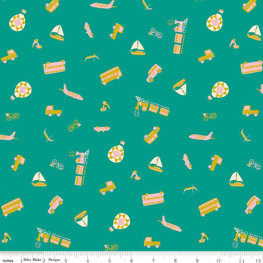 A closeup shot of the quilting fabric pattern called Modes of Travel, designed by Genesis Hall, in the teal colorway. The SKU is C16932-TEAL.