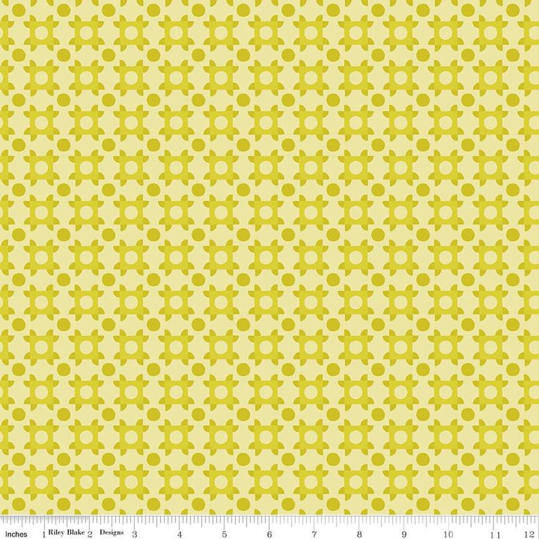 A closeup shot of the quilting fabric pattern called Patchwork Piazza, designed by Genesis Hall, in the citrine colorway. The SKU is C16933-CITRINE.