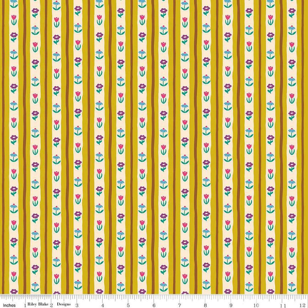 A closeup shot of the quilting fabric pattern called Bavarian Blooms, designed by Genesis Hall, in the curry colorway. The SKU is C16934-CURRY.