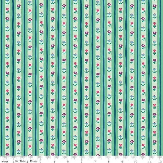 A closeup shot of the quilting fabric pattern called Bavarian Blooms, designed by Genesis Hall, in the mint colorway. The SKU is C16934-MINT.