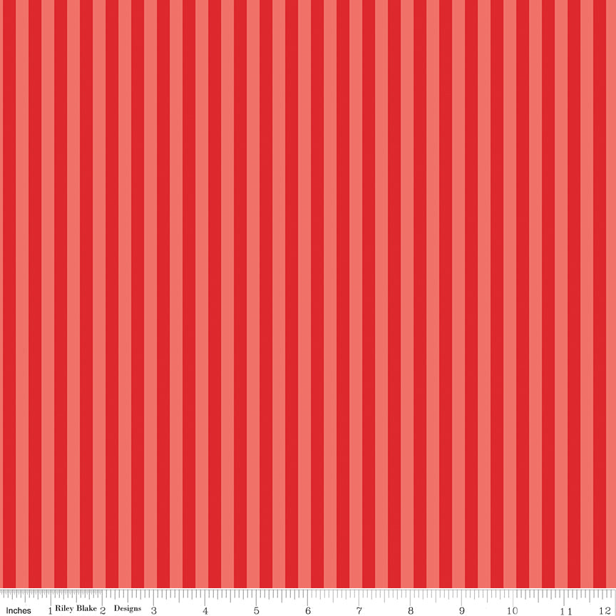 Stripes Red Hen quilting fabric, part of the Firecracker fabric collection by My Mind's Eye (SKU: C17205-REDHEN)