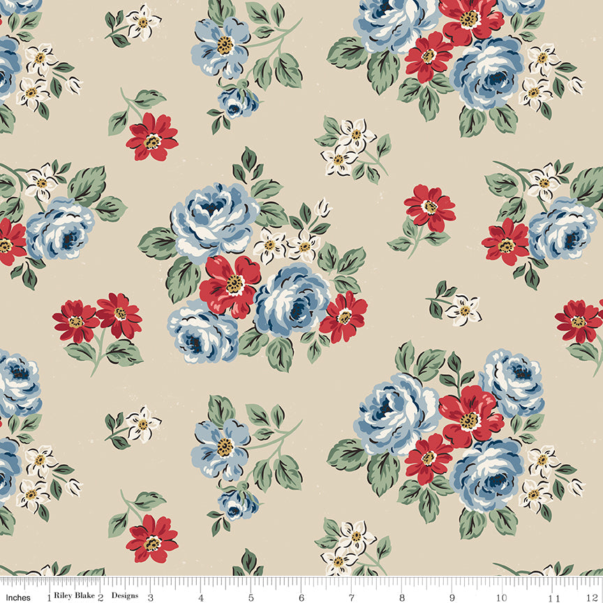 Floral in Beige quilting fabric, part of the Independence fabric collection by The RBD Designers (SKU: C17331-BEIGE)