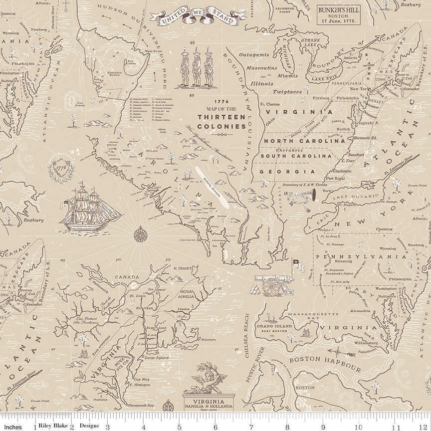 Colonial Map in Beige quilting fabric, part of the Independence fabric collection by The RBD Designers (SKU: C17332-BEIGE)