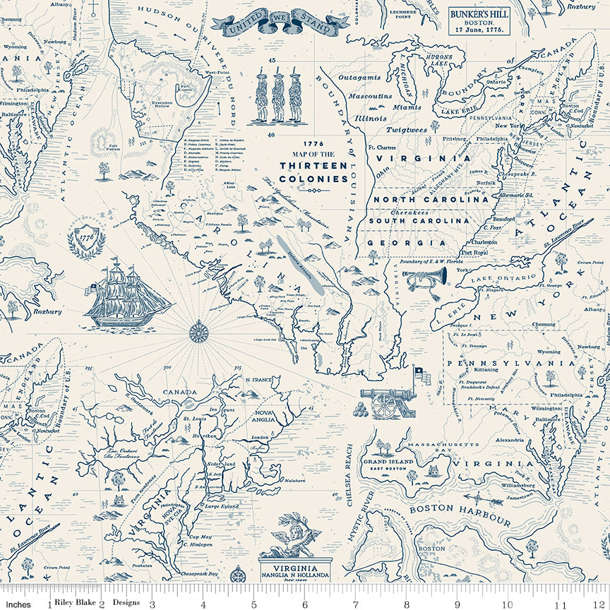 Colonial Map in Cream quilting fabric, part of the Independence fabric collection by The RBD Designers (SKU: C17332-CREAM)