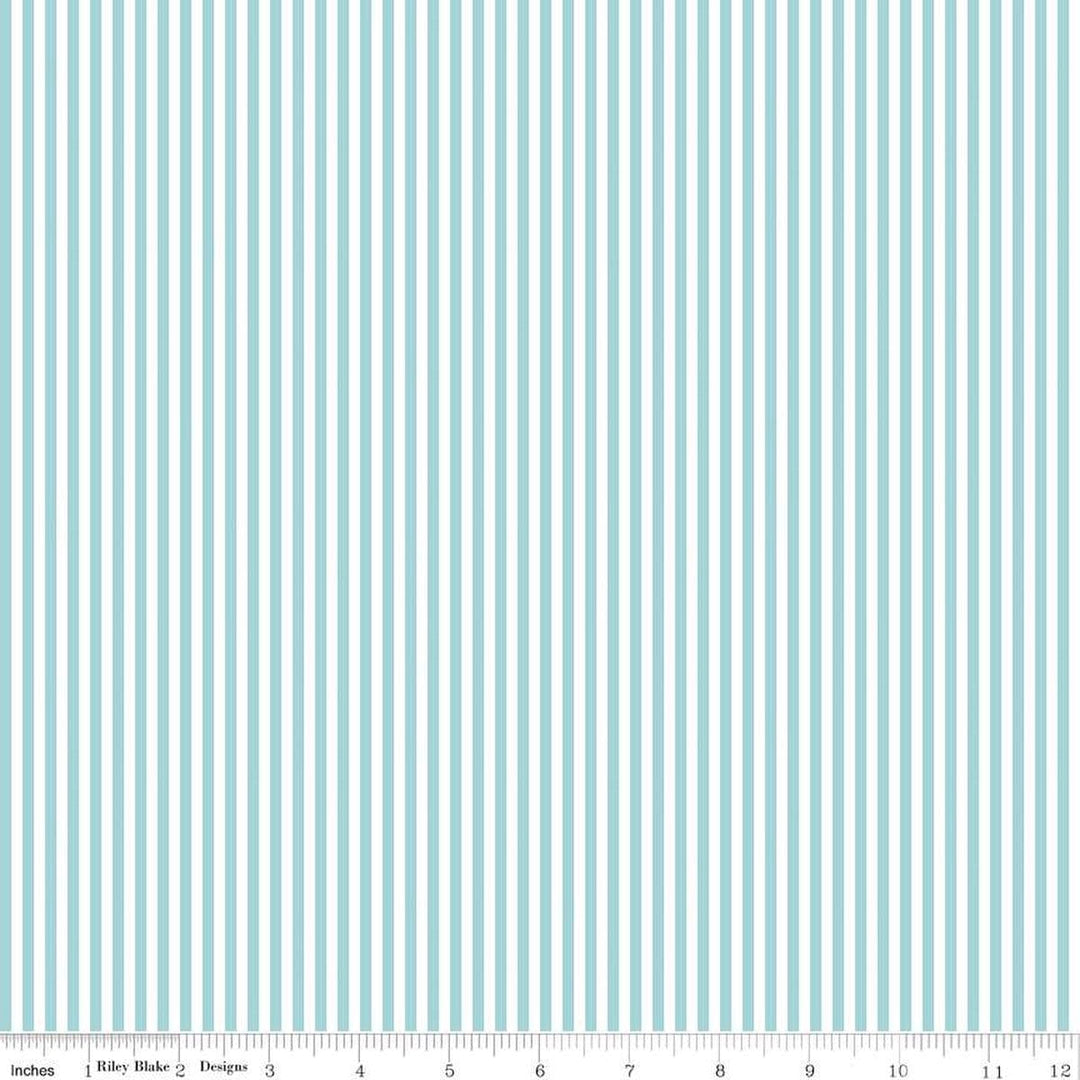 Cotton quilting fabric pattern called '1/8" Stripe in Aqua'. Part of the 'Stripes' fabric collection. Designed by The RBD Designers for fabric company Riley Blake. SKU: C495-AQUA. 44-45 inch width.