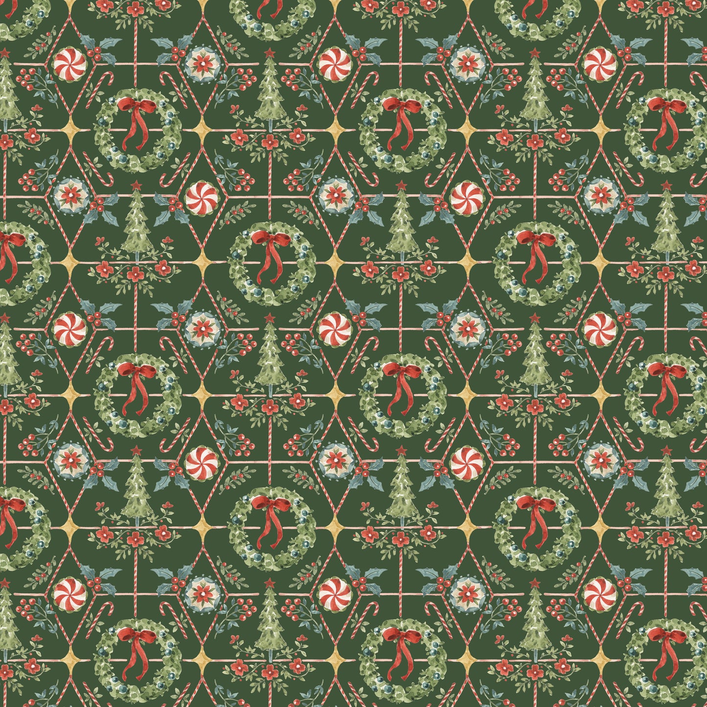Santa's Fair - Wreaths and Trees in Green - Lisa Audit - CD19202-GREEN - Half Yard (Preorder)