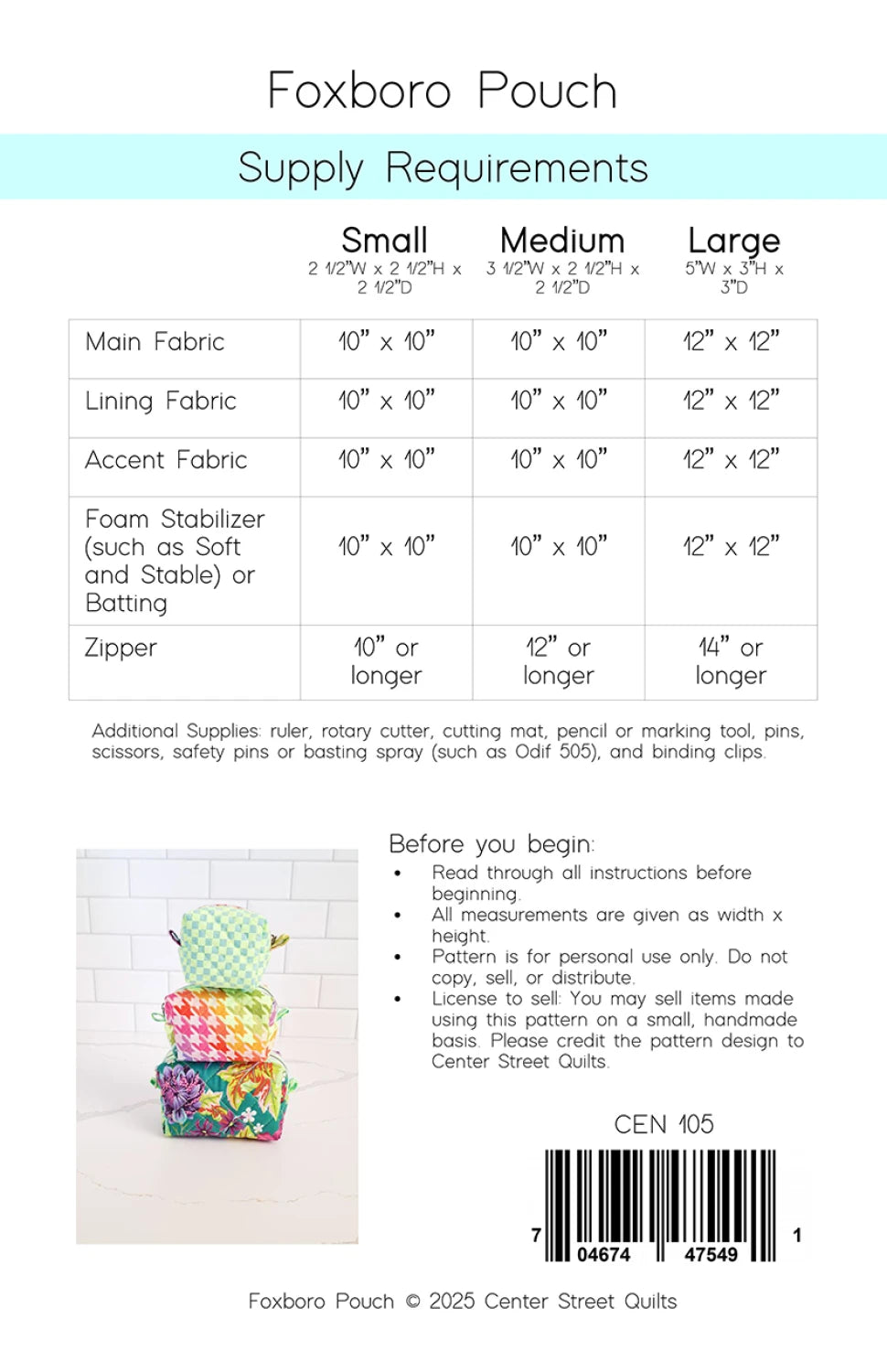 Center Street Quilts - Foxboro Pouch Pattern - CEN105