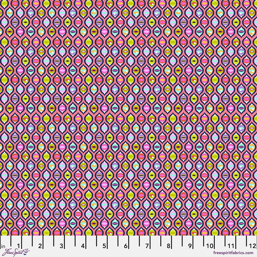 Cotton quilting fabric pattern called 'Cat Eyes in Prism'. Part of the 'Tabby Road Deja Vu' fabric collection. Designed by Tula Pink for fabric company Free Spirit Fabrics. SKU: PWTP095.PRISM. 44-45 inch width.