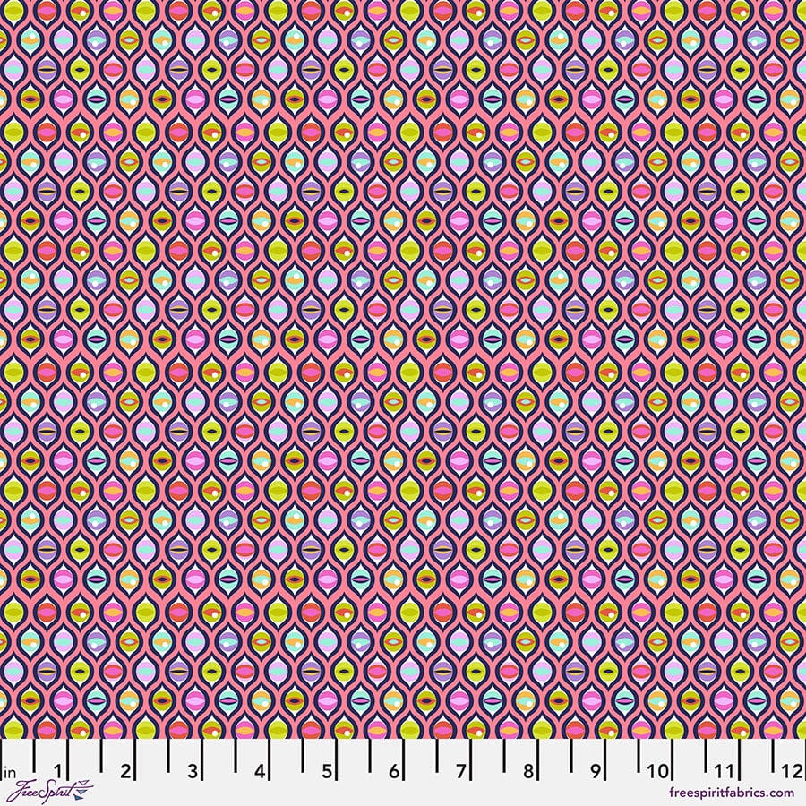 Cotton quilting fabric pattern called 'Cat Eyes in Prism'. Part of the 'Tabby Road Deja Vu' fabric collection. Designed by Tula Pink for fabric company Free Spirit Fabrics. SKU: PWTP095.PRISM. 44-45 inch width.