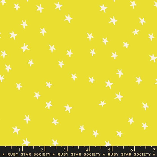 Cotton quilting fabric pattern called 'Starry in Citron'. Part of the 'Starry' fabric collection. Designed by Ruby Star Society for fabric company Moda Fabrics. SKU: RS4109 47. 44-45 inch width.