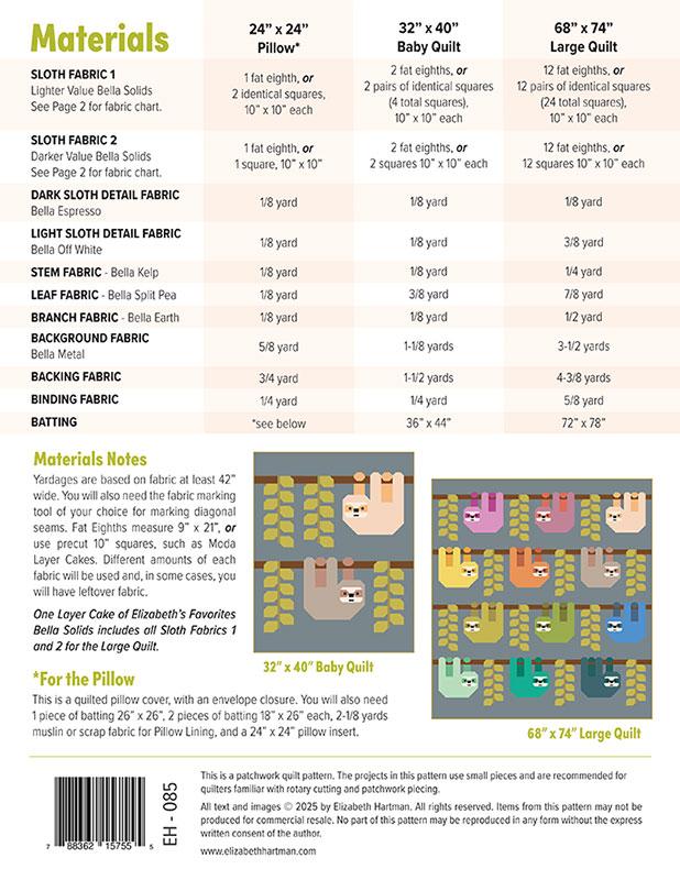 Snuggly Sloths - Elizabeth Hartman - EH 085 - Printed Pattern (Preorder)