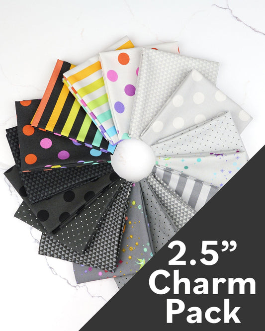 True Colors 2.5-Inch Mini Charm Pack by Tula Pink, fabric bundle of 42 pieces, Fall 2025 True Colors. SKU: FB18MCTP.GRAYWORK