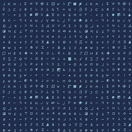 Cotton quilting fabric pattern called 'Cryptography in Blue Moon'. Part of the 'Fabrics from the Basement' fabric collection. Designed by Giucy Giuce for fabric company Andover Fabrics. SKU: A-459-B. 44-45 inch width.