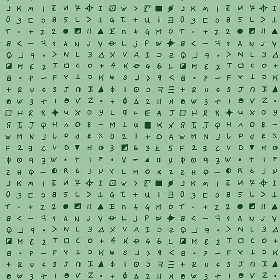 Cotton quilting fabric pattern called 'Cryptography in Envy'. Part of the 'Fabrics from the Basement' fabric collection. Designed by Giucy Giuce for fabric company Andover Fabrics. SKU: A-459-G. 44-45 inch width.