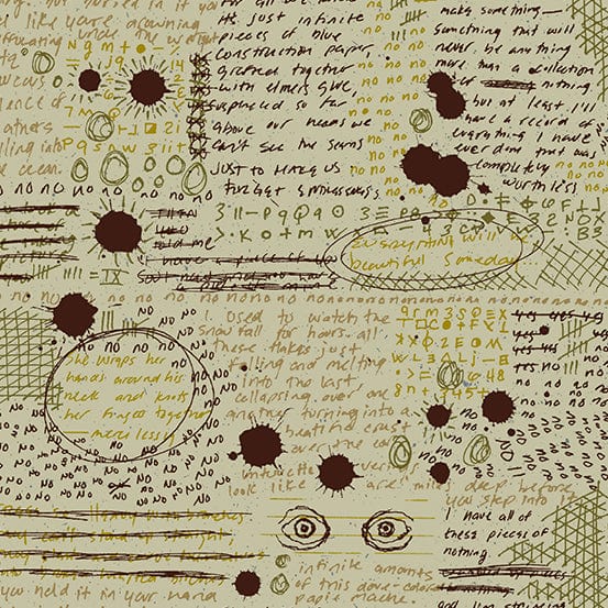 Cotton quilting fabric pattern called 'Rant in Muck'. Part of the 'Fabrics from the Basement' fabric collection. Designed by Giucy Giuce for fabric company Andover Fabrics. SKU: A-456-N. 44-45 inch width.