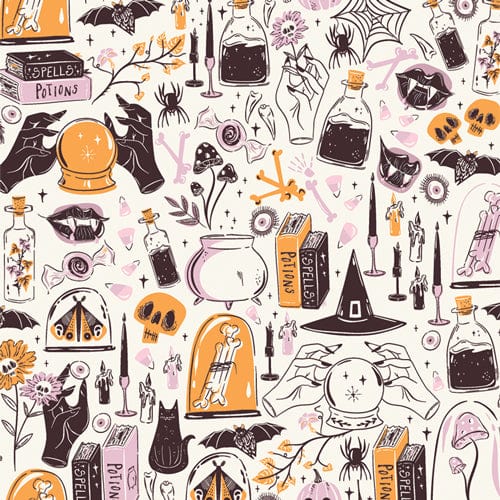 A closeup shot of the quilting fabric pattern called Witching Hour Moon, designed by AGF Studio as part of the Ghostly & Haunted collection. The SKU is GHH13132.