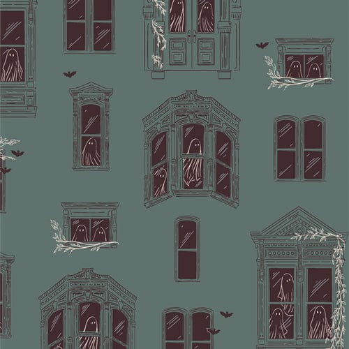 A closeup shot of the quilting fabric pattern called Haunted House, designed by AGF Studio as part of the Ghostly & Haunted collection. The SKU is GHH13135.