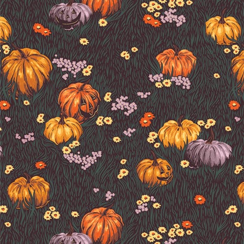 A closeup shot of the quilting fabric pattern called Moonlight Pumpkins, designed by AGF Studio as part of the Ghostly & Haunted collection. The SKU is GHH13140.