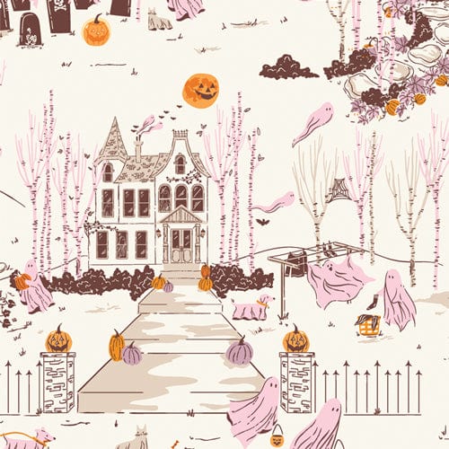 A closeup shot of the quilting fabric pattern called Ghost Town, designed by AGF Studio as part of the Ghostly & Haunted collection. The SKU is GHH13144.
