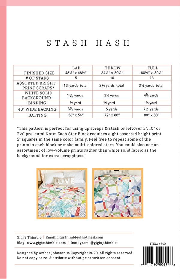 Stash Hash - Gigi's Thimble - Paper Pattern - Quilt Pattern