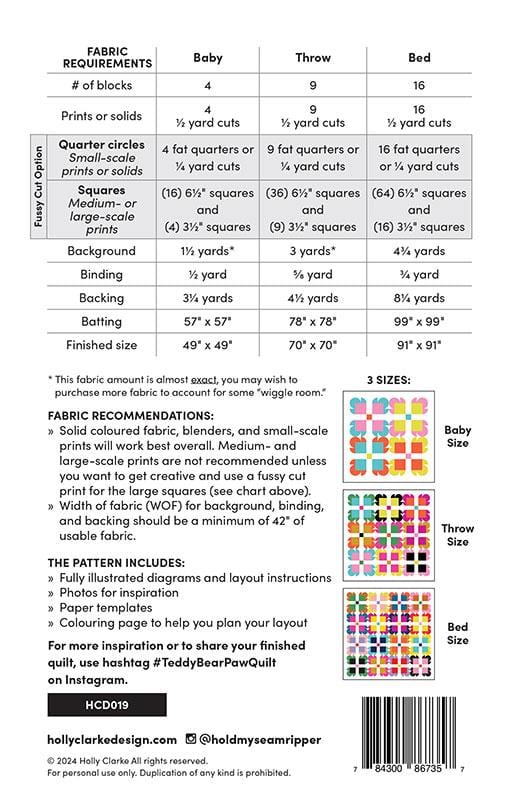 Teddy Bear Paw Quilt Pattern - Holly Clarke - HCD 019 - Printed Pattern (Preorder)