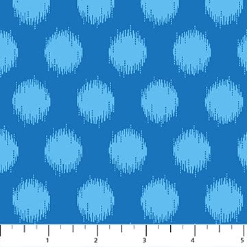 Detailed pattern of Heather Bailey's Pop Sugar collection quilting fabric, blue with pale blue circles. SKU 92060-42.
