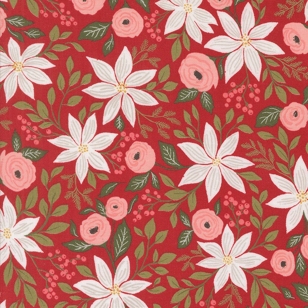Poinsettia Party in Cranberry quilting fabric, part of the Berry & Pine fabric collection by Lella Boutique (SKU: 5240 14)