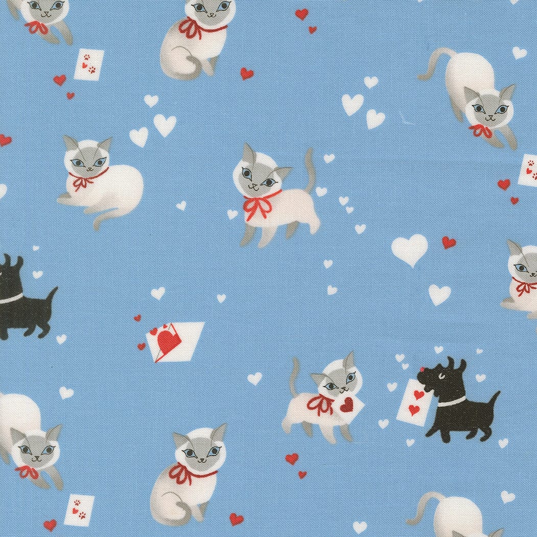 A closeup shot of the quilting fabric pattern called Kitty, designed by Lizzy House, in the sky colorway. The SKU is 37140 25.