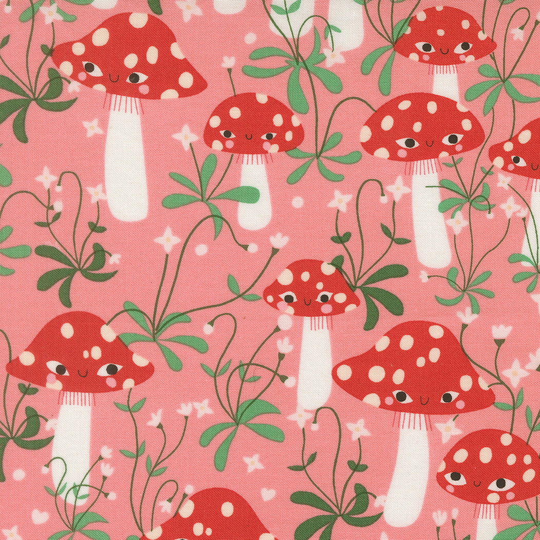 A closeup shot of the quilting fabric pattern called Mushrooms, designed by Lizzy House, in the ballerina colorway. The SKU is 37141 19.