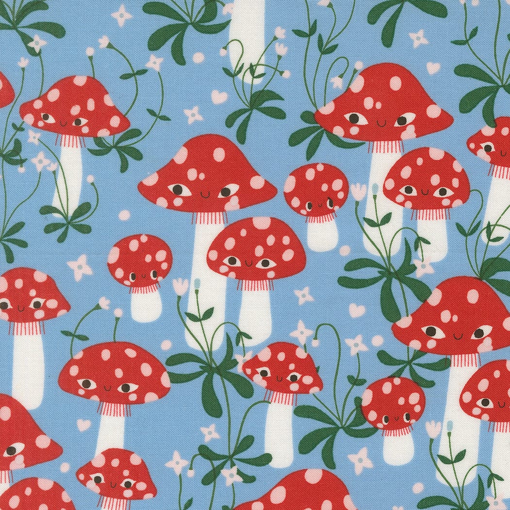 A closeup shot of the quilting fabric pattern called Mushrooms, designed by Lizzy House, in the sky colorway. The SKU is 37141 25.