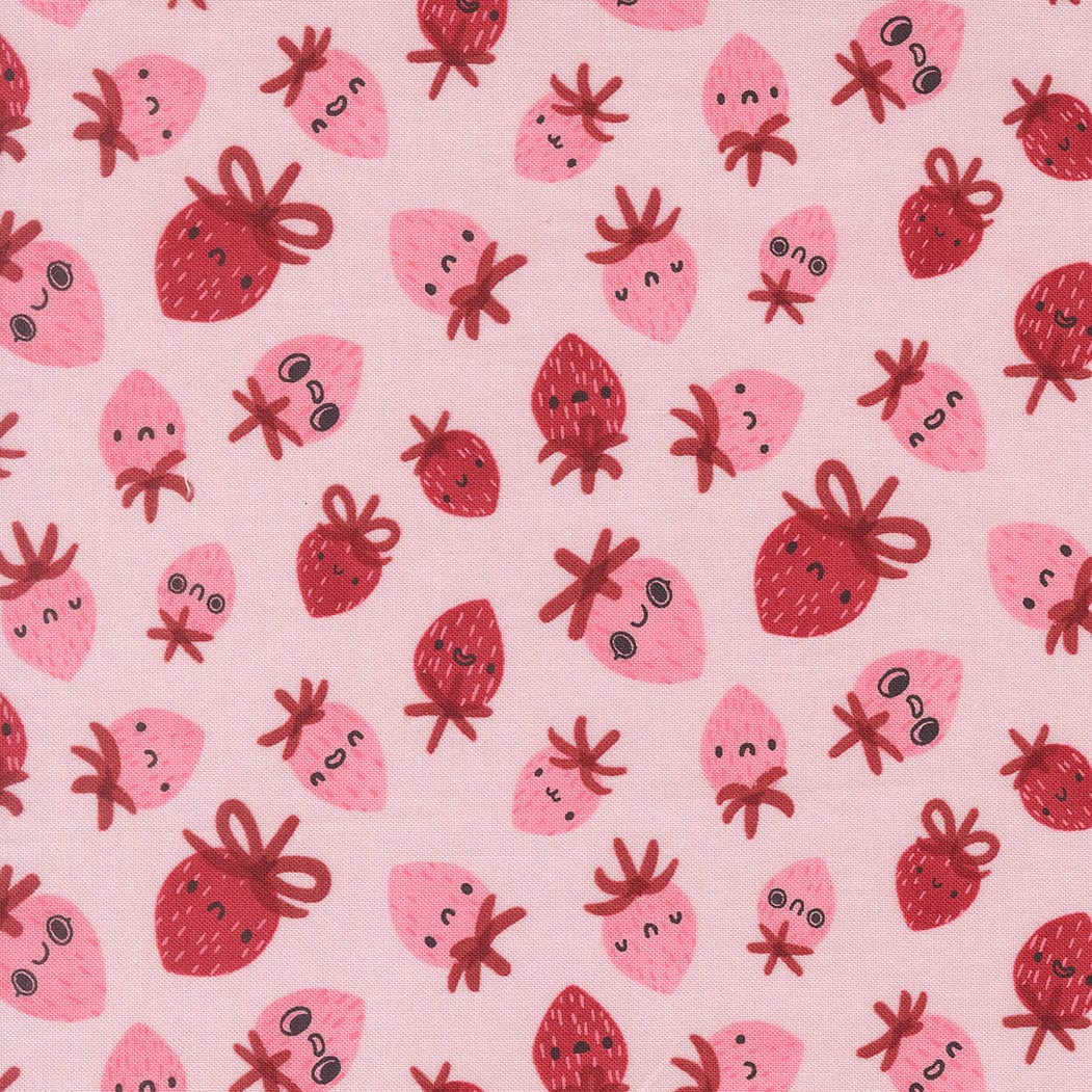 A closeup shot of the quilting fabric pattern called Strawberries, designed by Lizzy House, in the blush colorway. The SKU is 37142 17.