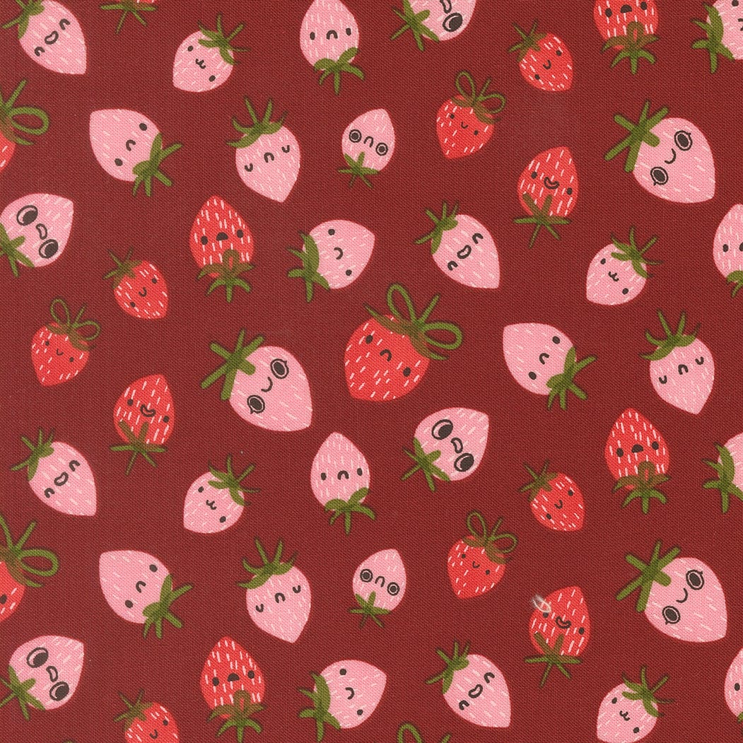 A closeup shot of the quilting fabric pattern called Strawberries, designed by Lizzy House, in the rose colorway. The SKU is 37142 18.