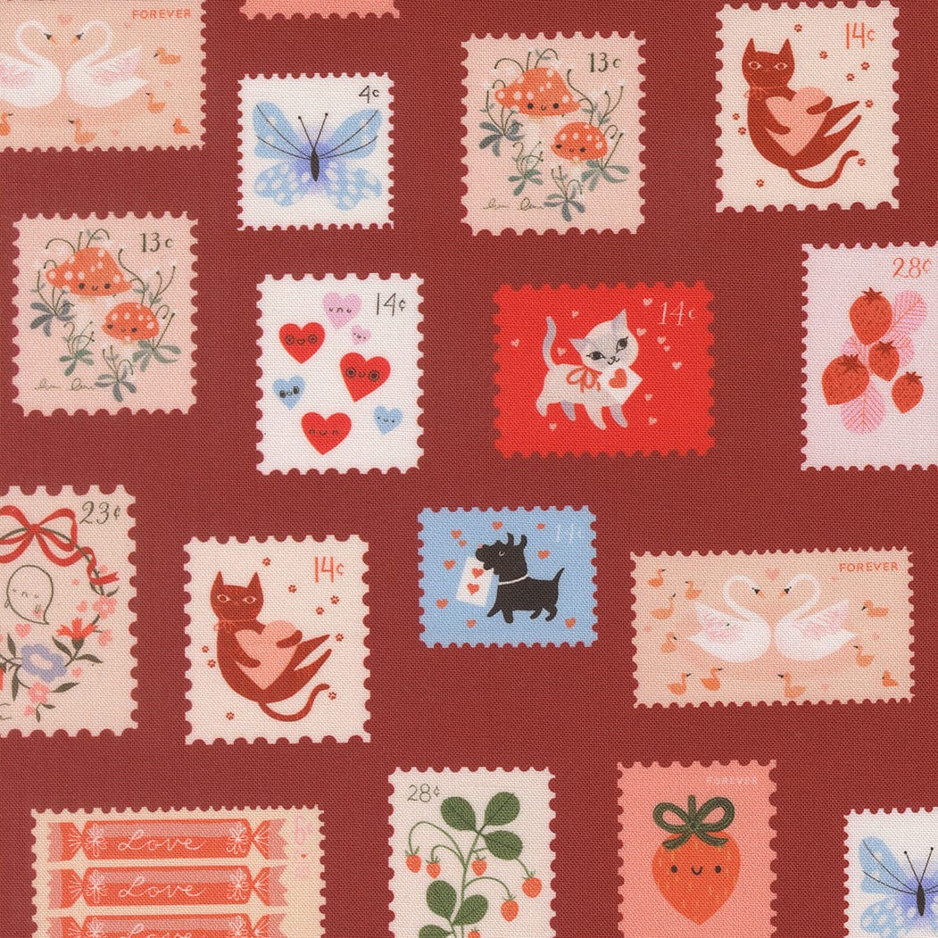 A closeup shot of the quilting fabric pattern called Stamps, designed by Lizzy House, in the rose colorway. The SU is 37143 17.
