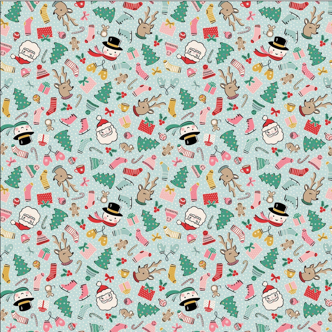 Cotton quilting fabric pattern called 'Blue Cozy Wishes'. Part of the 'Oh What Fun' fabric collection. Designed by Elea Lutz for fabric company Poppie Cotton. SKU: OF23301. 44-45 inch width.
