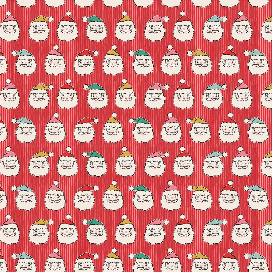 Cotton quilting fabric pattern called 'Red Santa Heads'. Part of the 'Oh What Fun' fabric collection. Designed by Elea Lutz for fabric company Poppie Cotton. SKU: OF23318. 44-45 inch width.