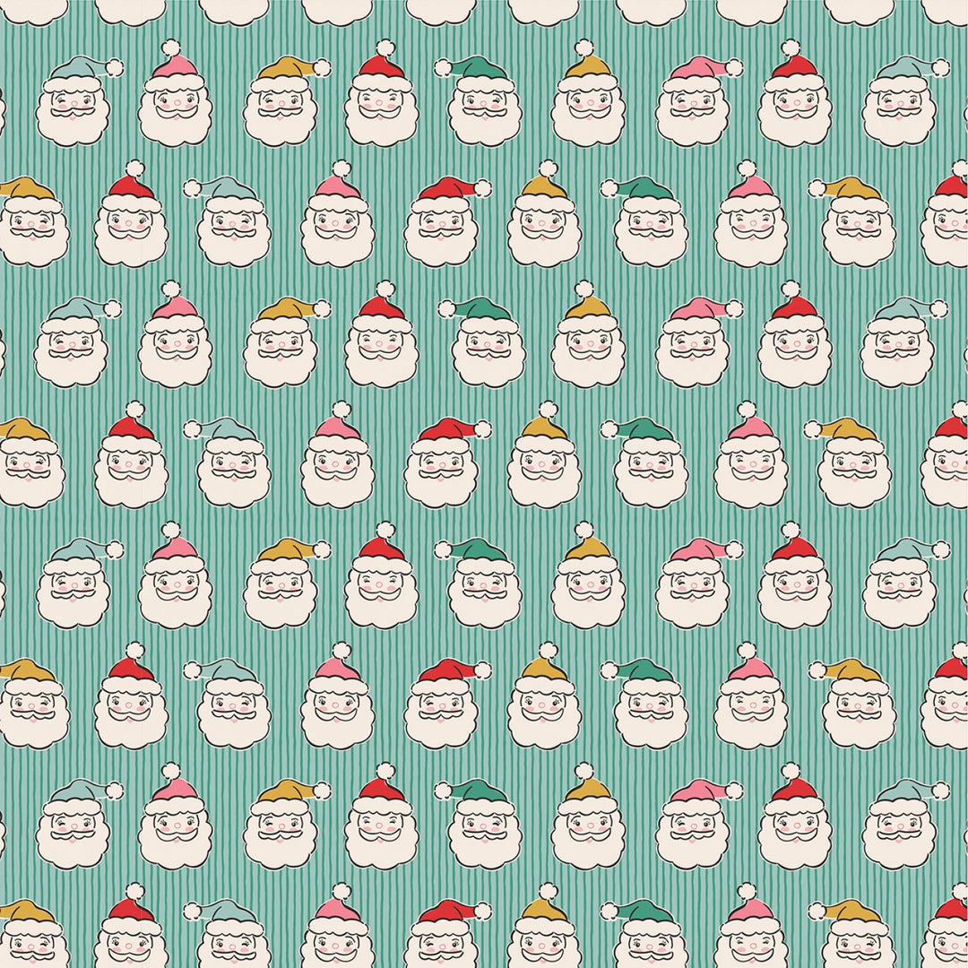 Cotton quilting fabric pattern called 'Green Santa Heads'. Part of the 'Oh What Fun' fabric collection. Designed by Elea Lutz for fabric company Poppie Cotton. SKU: OF23319. 44-45 inch width.