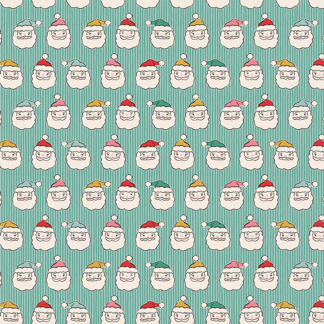 Cotton quilting fabric pattern called 'Green Santa Heads'. Part of the 'Oh What Fun' fabric collection. Designed by Elea Lutz for fabric company Poppie Cotton. SKU: OF23319. 44-45 inch width.