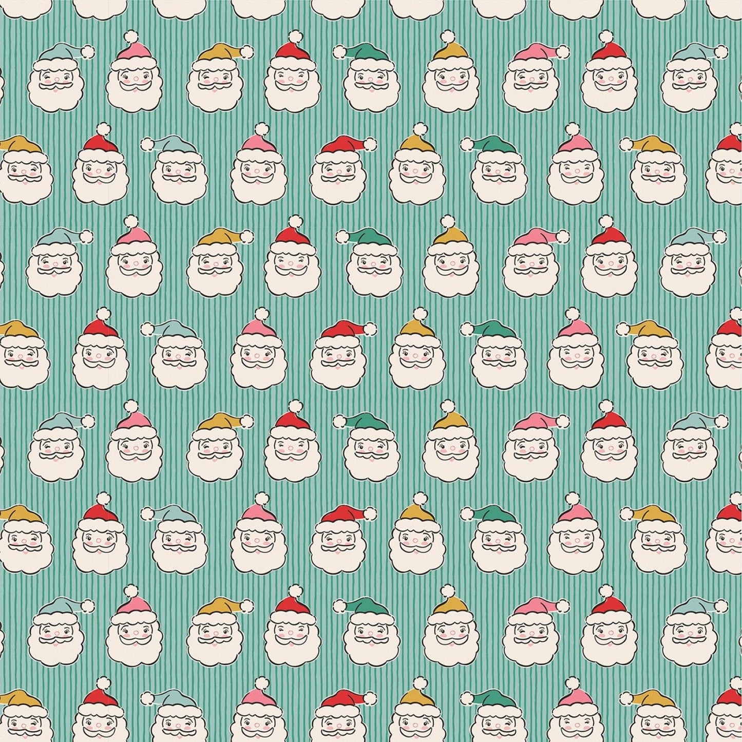 Cotton quilting fabric pattern called 'Green Santa Heads'. Part of the 'Oh What Fun' fabric collection. Designed by Elea Lutz for fabric company Poppie Cotton. SKU: OF23319. 44-45 inch width.