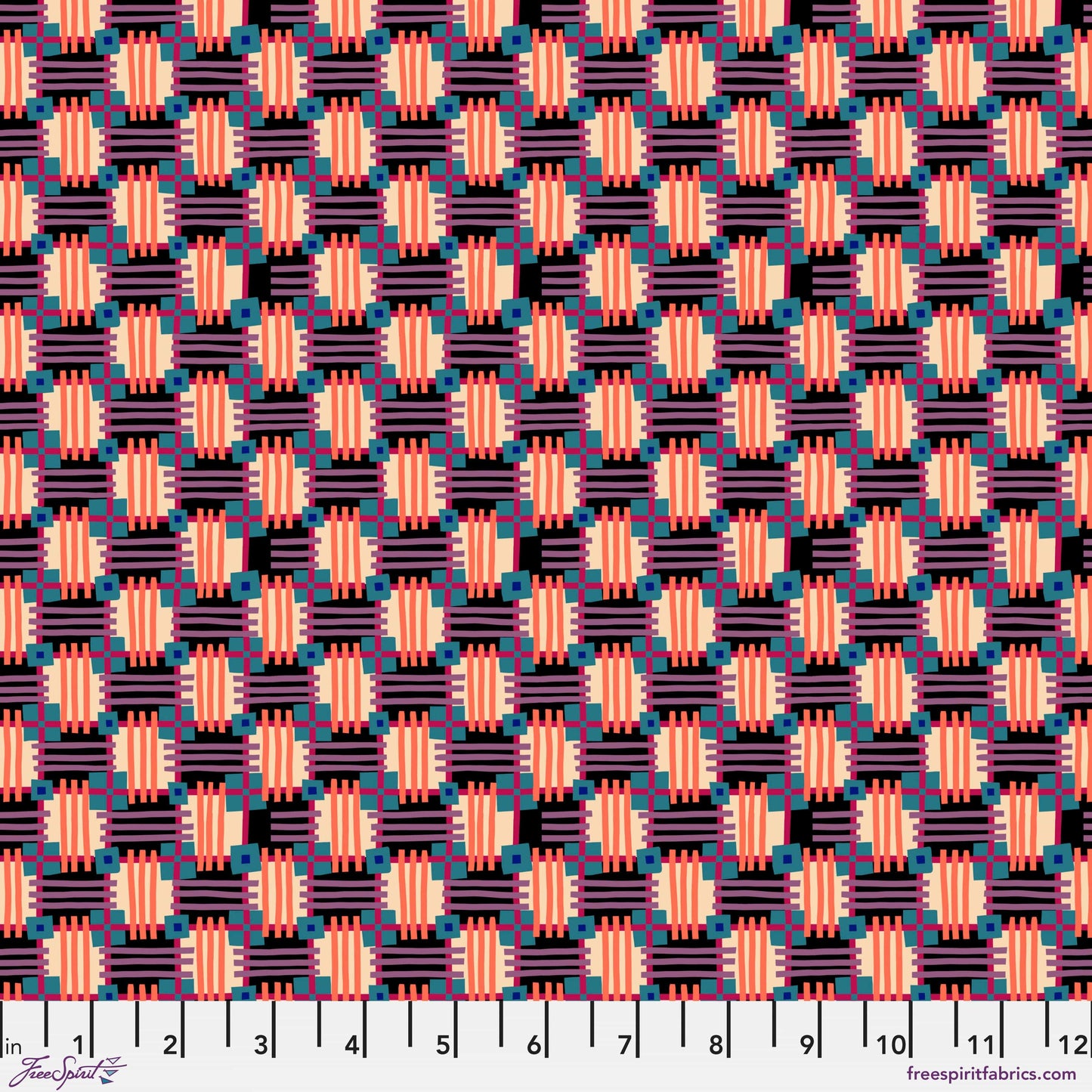 Cotton quilting fabric pattern called 'In Town in Licorice'. Part of the 'Love Always, AM' fabric collection. Designed by Anna Maria Horner for fabric company Free Spirit. SKU: PWAH158.LICORICE. 44-45 inch width.