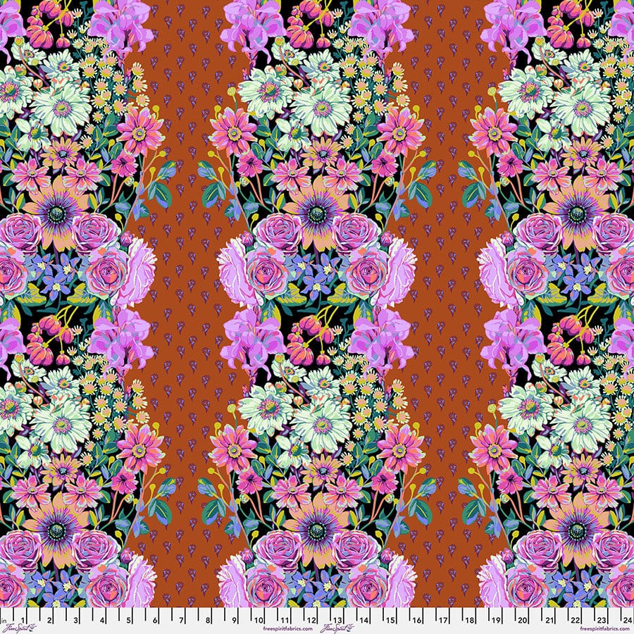 Cotton quilting fabric pattern called 'Beata's Garden in Rust'. Part of the 'Good Gracious' fabric collection. Designed by Anna Maria Horner for fabric company Free Spirit Fabrics. SKU: PWAH217.RUST. 44-45 inch width.