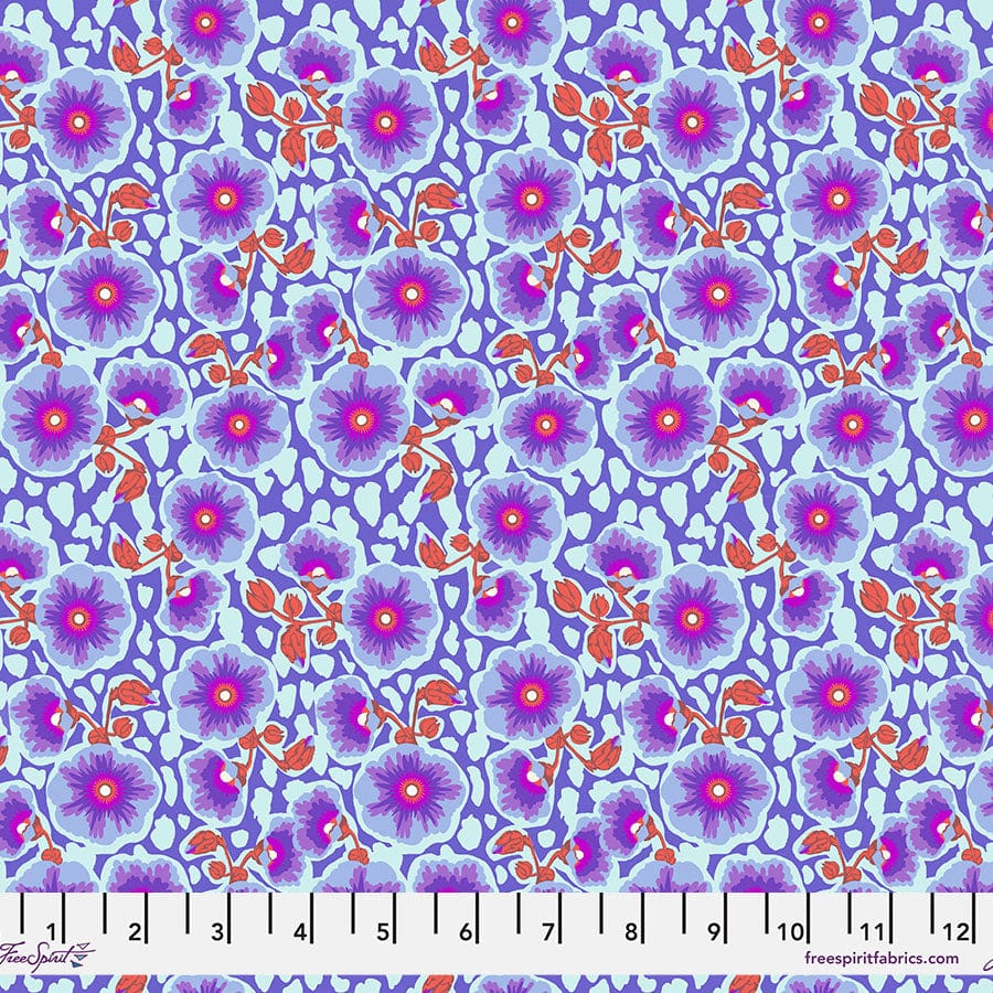 Cotton quilting fabric pattern called 'Happy Blooms in Grape'. Part of the 'Good Gracious' fabric collection. Designed by Anna Maria Horner for fabric company Free Spirit Fabrics. SKU: PWAH220.GRAPE. 44-45 inch width.