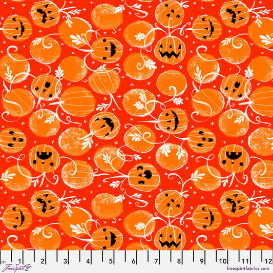 Cotton quilting fabric pattern called 'Happy Jacks in Pumpkin'. Part of the 'Ghostly Greetings' fabric collection. Designed by Cori Dantini for fabric company Free Spirit. SKU: PWCD112.XPUMPKIN. 44-45 inch width.
