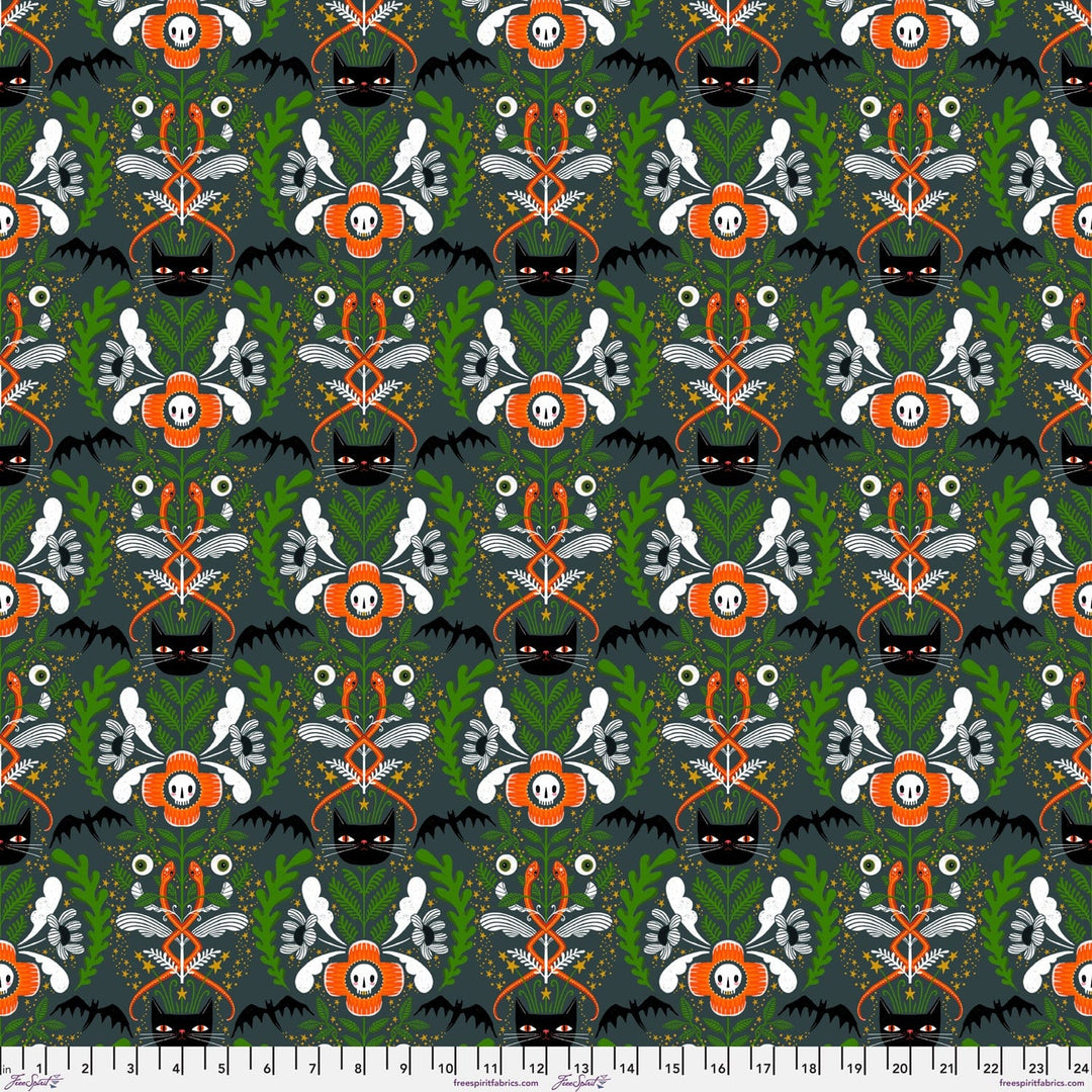 Cat Tower in Gray quilting fabric, part of the Witchy Ways fabric collection by Cori Dantini (SKU: PWCD141.XGRAY)